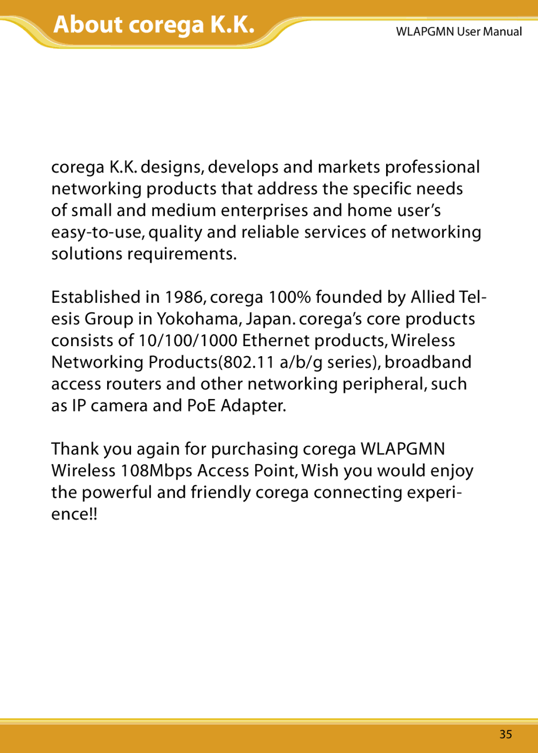 Corega CG-WLAPGMN user manual About corega K.K 