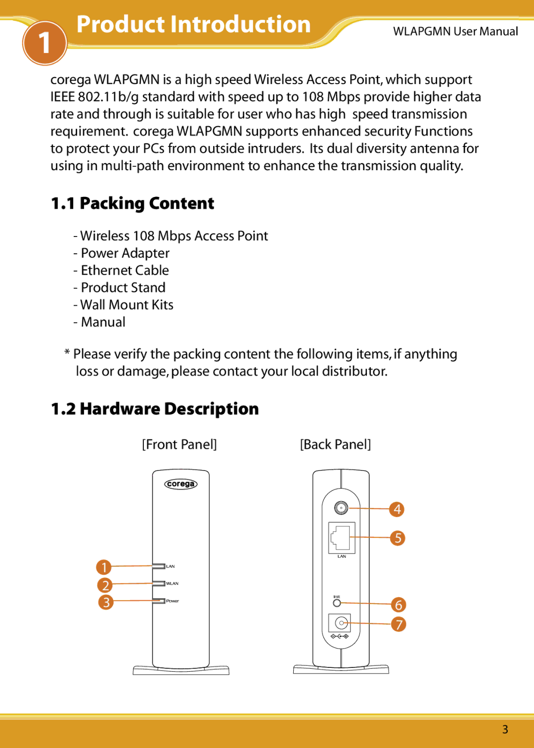 Corega CG-WLAPGMN user manual Product Introduction, Packing Content, Hardware Description 