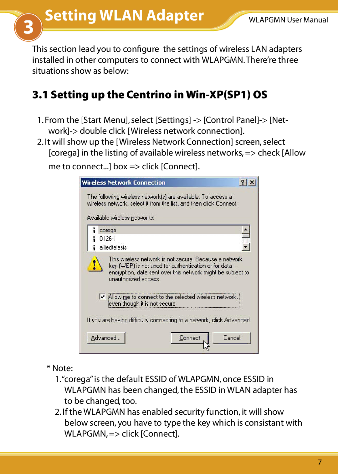 Corega CG-WLAPGMN user manual Setting Wlan Adapter, Setting up the Centrino in Win-XPSP1 OS 