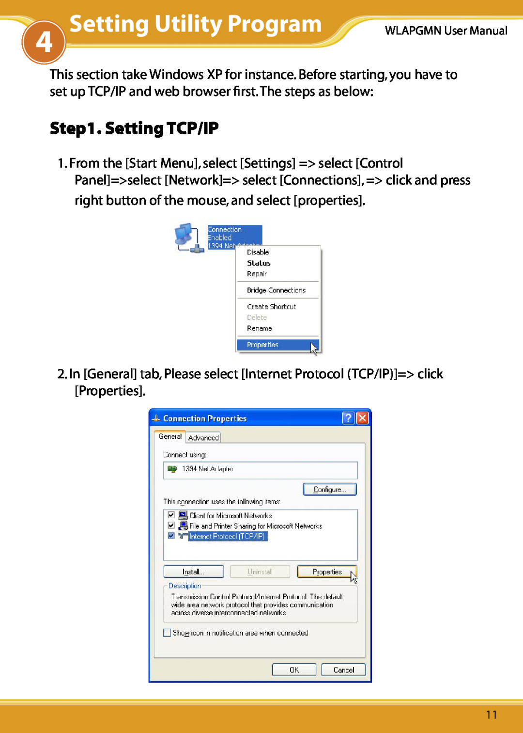 Corega CG-WLAPGMN user manual Setting Utility Program, Setting TCP/IP 