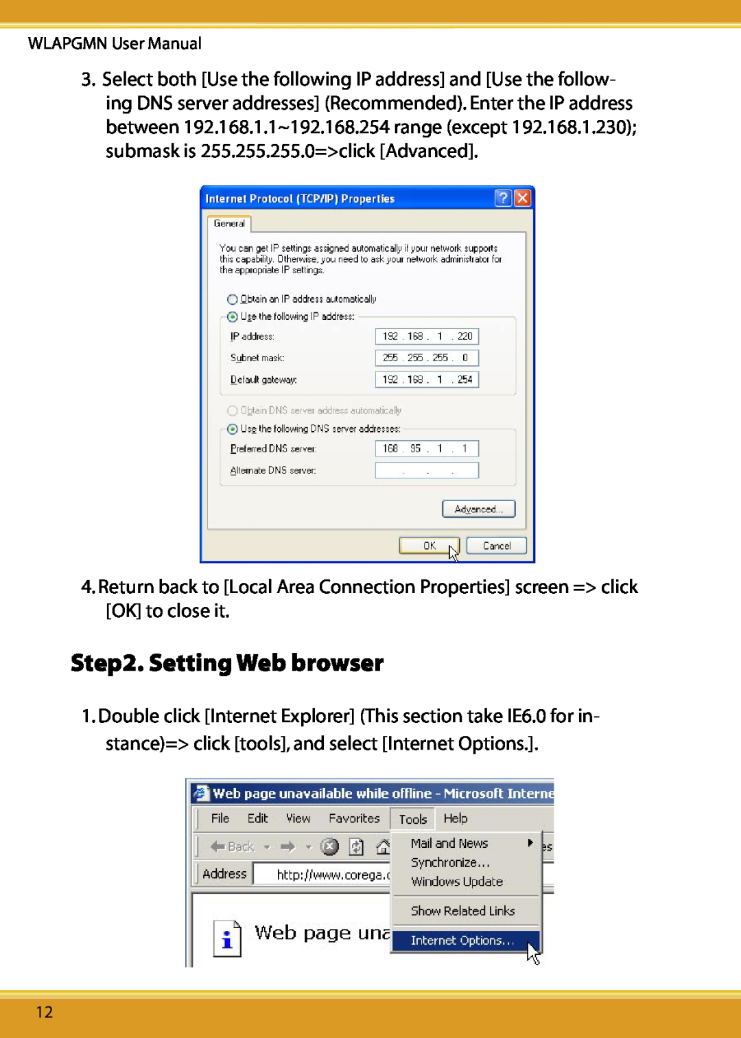 Corega CG-WLAPGMN user manual Setting Web browser 