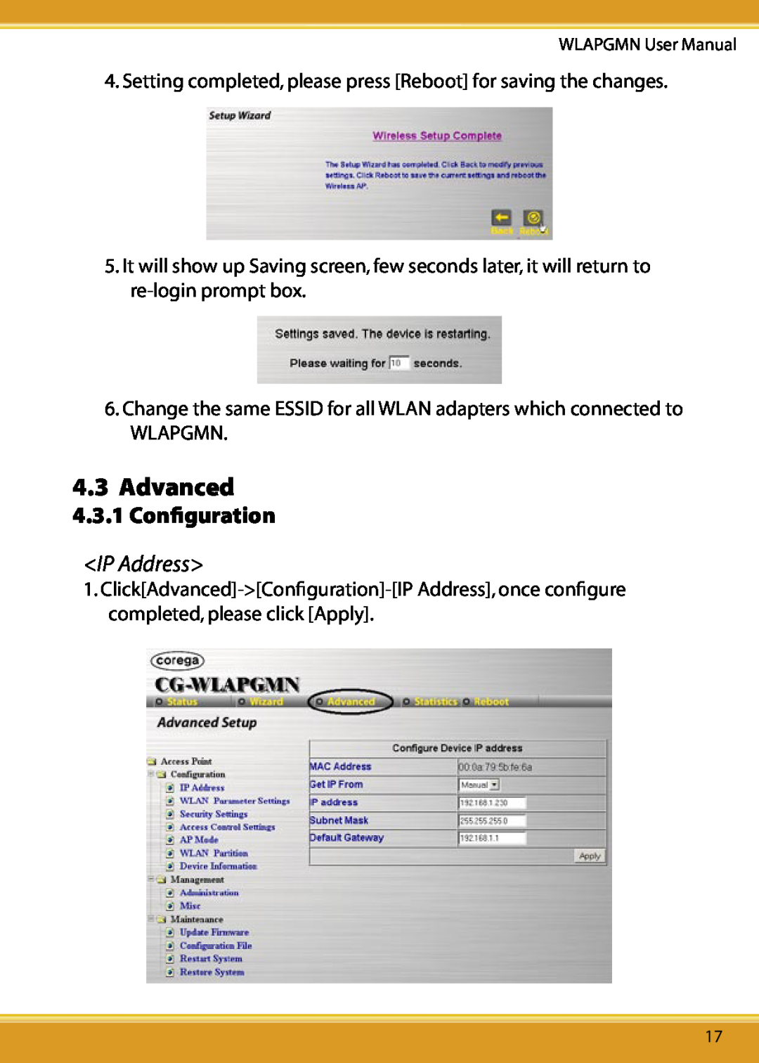 Corega CG-WLAPGMN user manual Advanced, 4.3.1 Conﬁguration, IP Address 