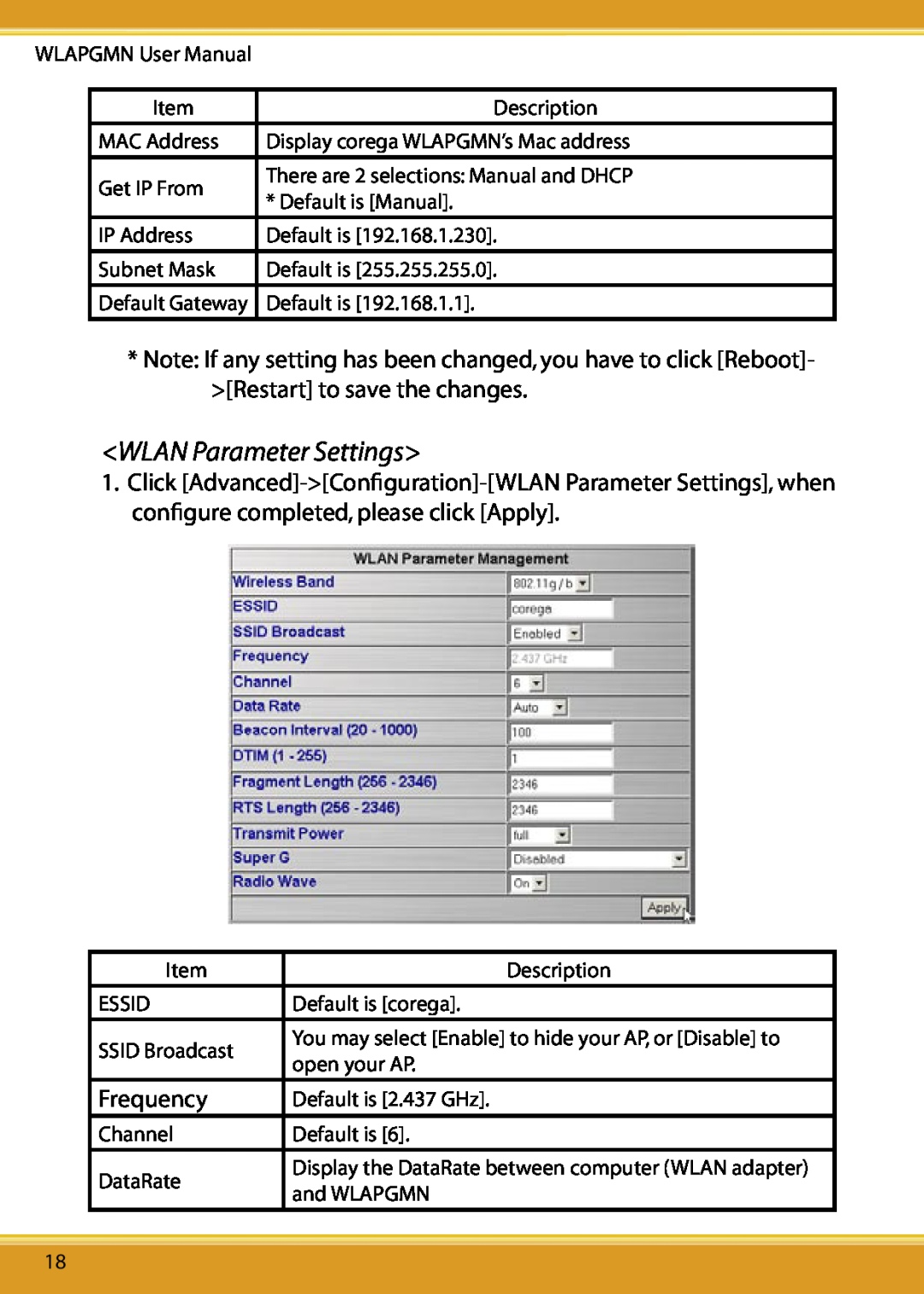 Corega CG-WLAPGMN user manual WLAN Parameter Settings 
