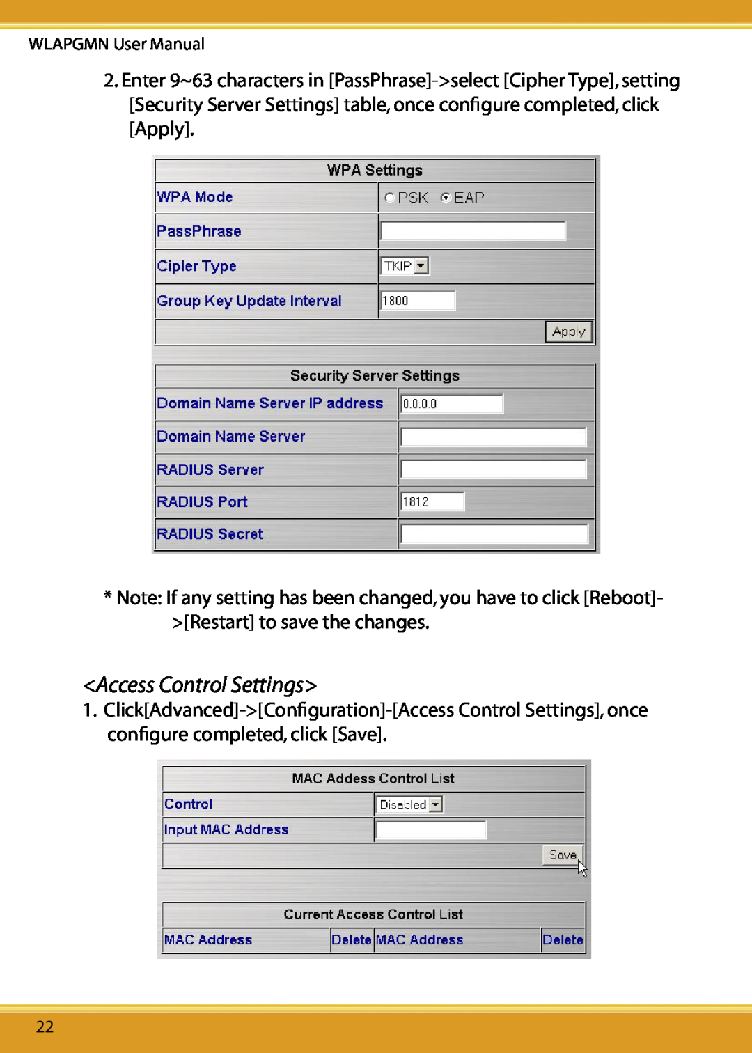 Corega CG-WLAPGMN user manual Access Control Settings, WLAPGMN User Manual 