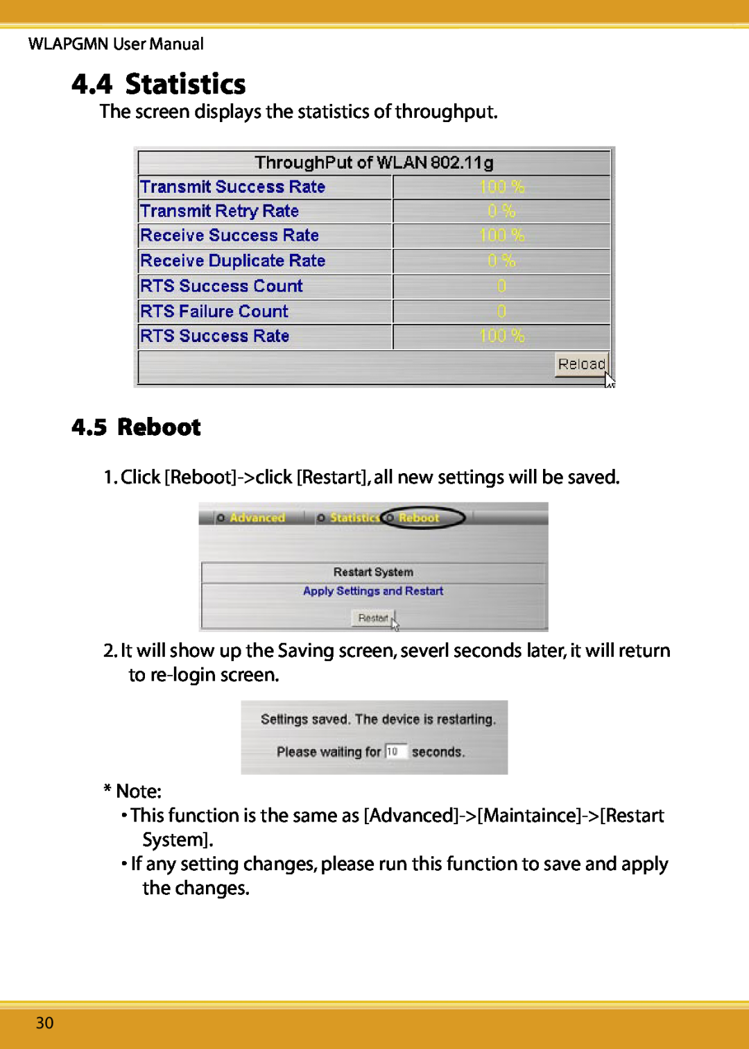 Corega CG-WLAPGMN user manual Reboot, Statistics 