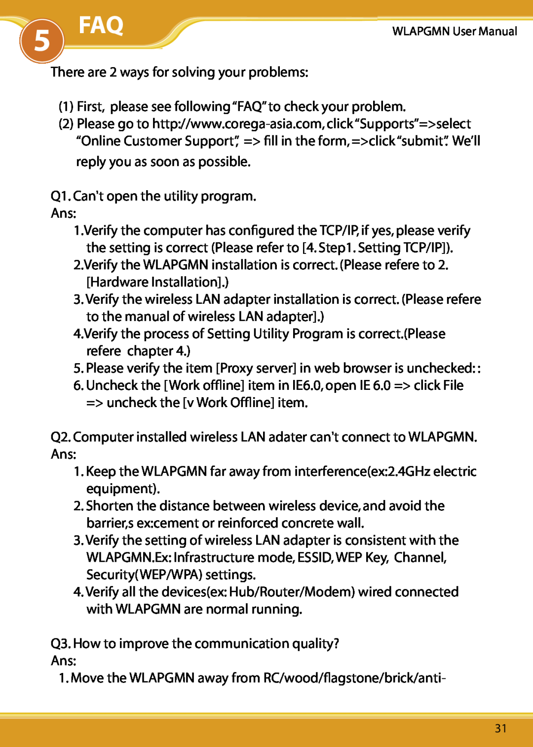Corega CG-WLAPGMN user manual 5 FAQ 