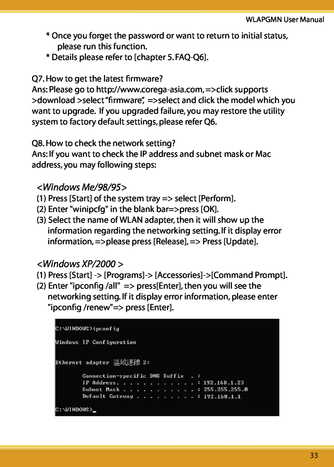 Corega CG-WLAPGMN user manual Windows Me/98/95, Windows XP/2000 