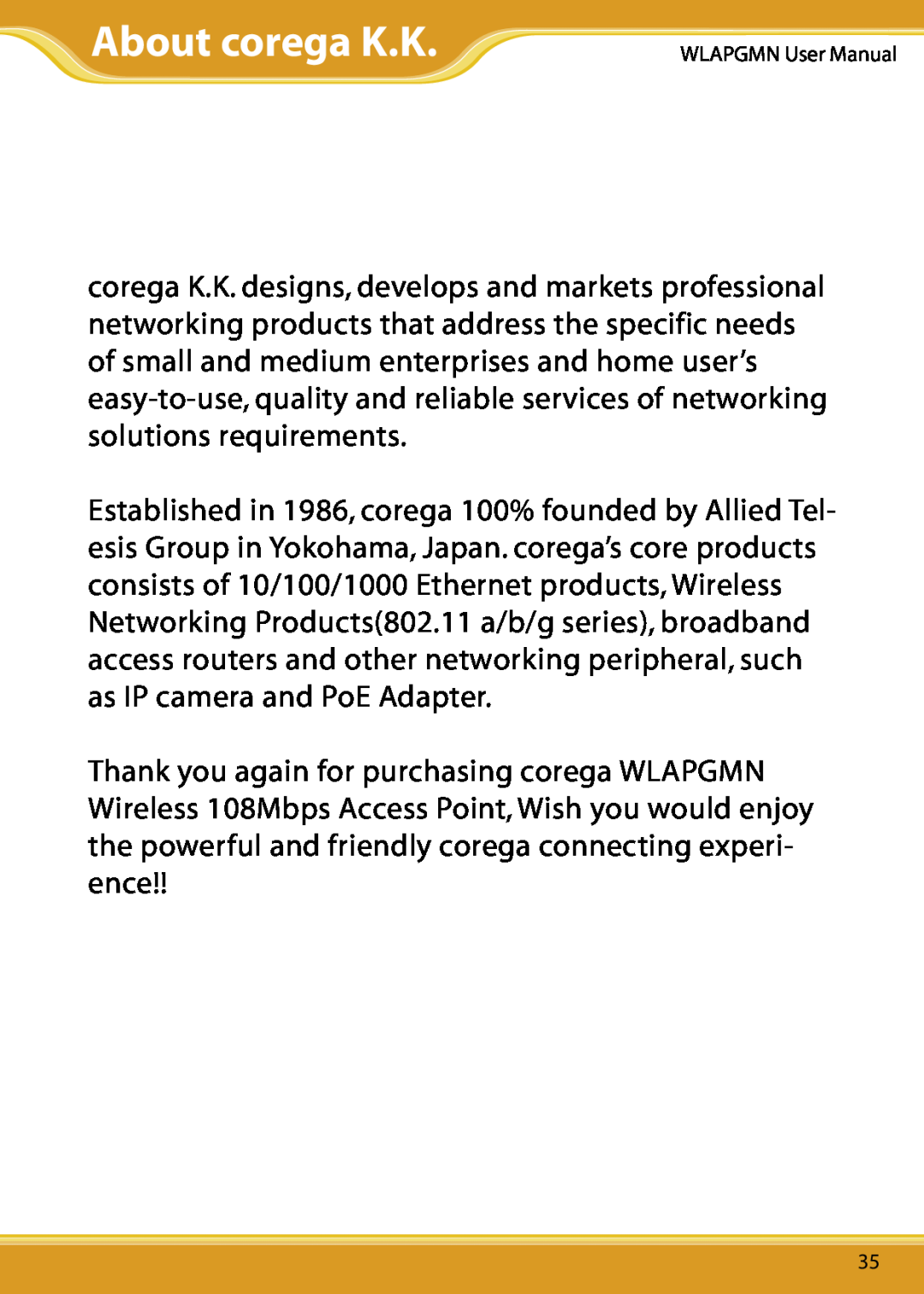 Corega CG-WLAPGMN user manual About corega K.K 