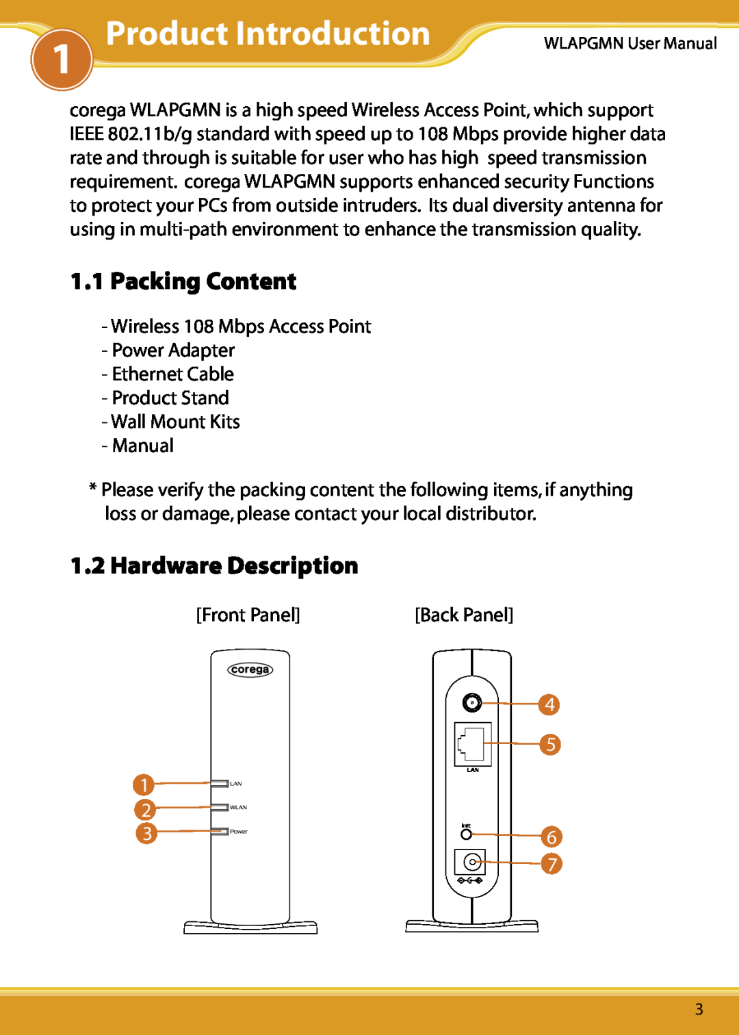 Corega CG-WLAPGMN user manual Product Introduction, Packing Content, Hardware Description, 1 2 
