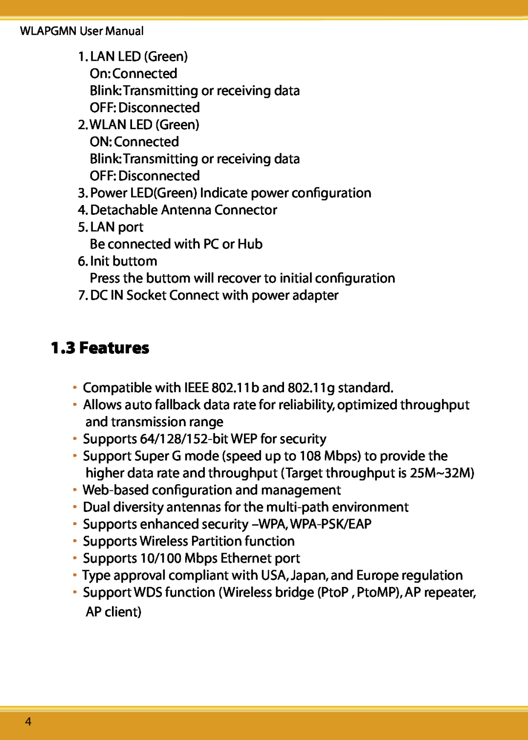 Corega CG-WLAPGMN user manual Features, WLAPGMN User Manual 1. LAN LED Green On Connected, WLAN LED Green ON Connected 