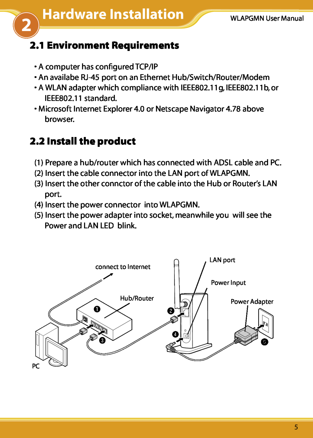 Corega CG-WLAPGMN user manual Hardware Installation, Environment Requirements, Install the product 