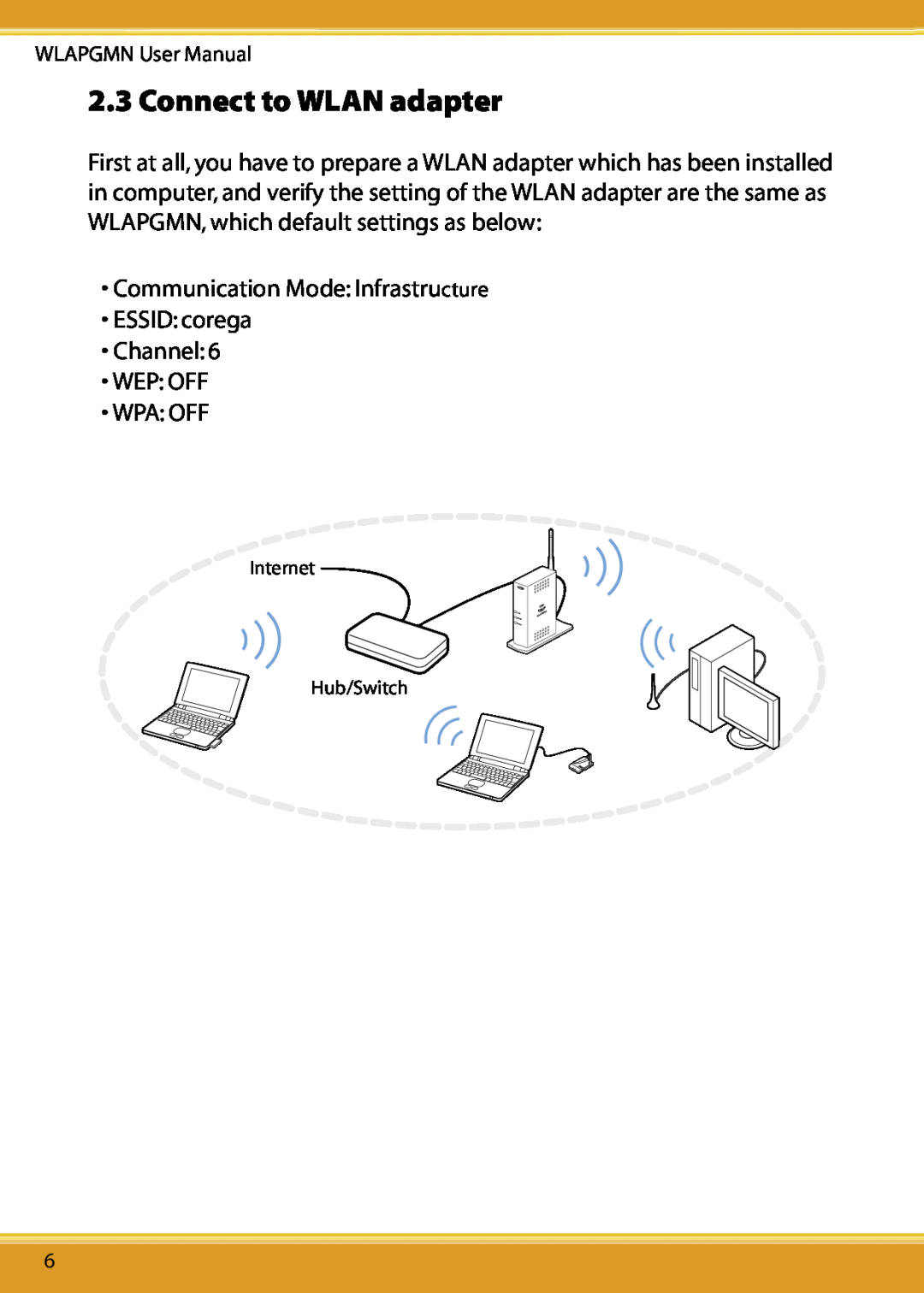Corega CG-WLAPGMN Connect to WLAN adapter, Communication Mode Infrastructure ESSID corega Channel WEP OFF, Wpa Off 