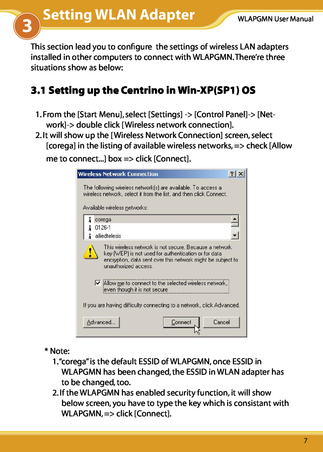 Corega CG-WLAPGMN user manual Setting WLAN Adapter, Setting up the Centrino in Win-XPSP1 OS 