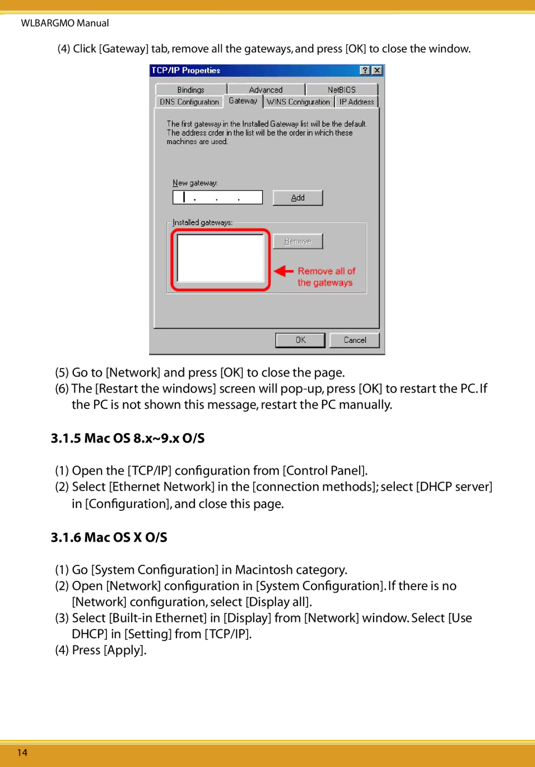 Corega CG-WLBARGMO user manual Mac OS 8.x~9.x O/S, Mac OS X O/S 