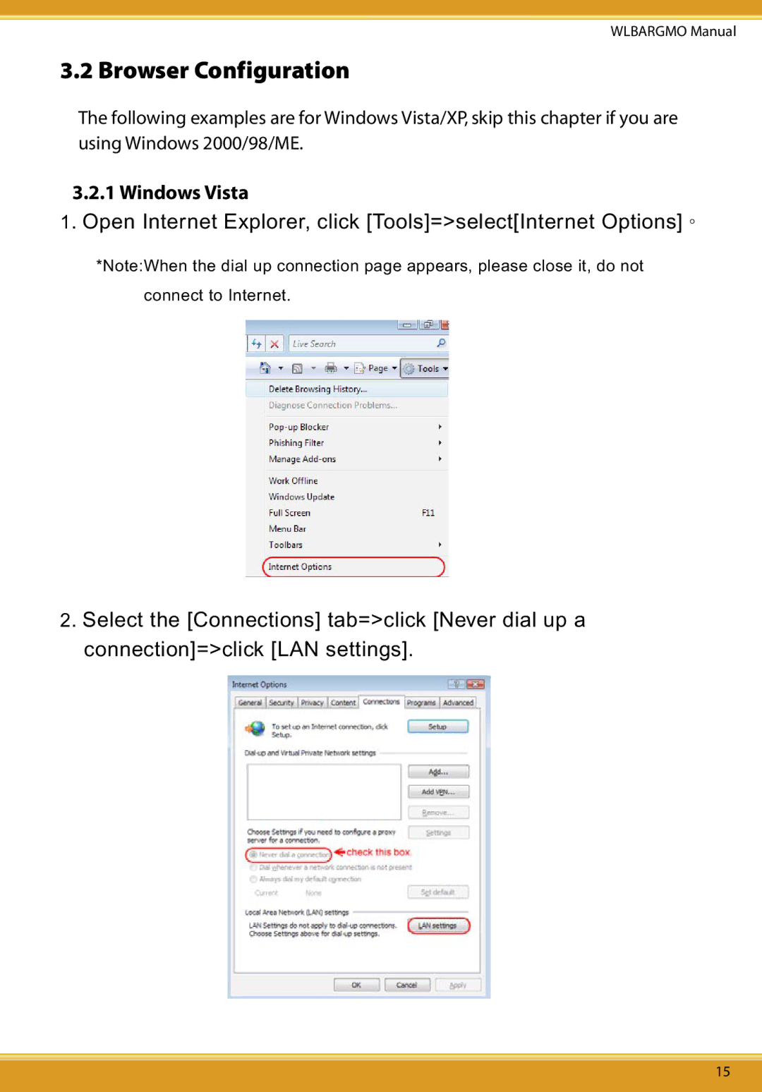 Corega CG-WLBARGMO user manual Browser Configuration, Windows Vista 