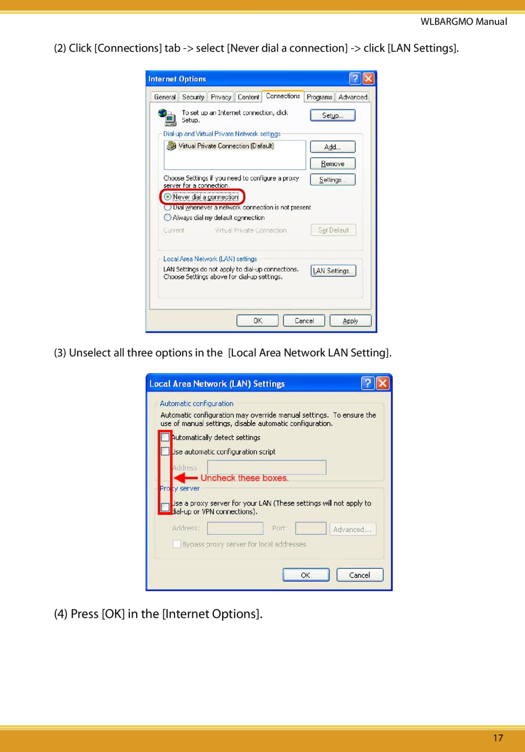 Corega CG-WLBARGMO user manual Press OK in the Internet Options 