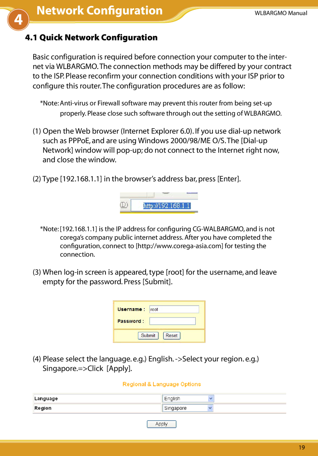 Corega CG-WLBARGMO user manual Network Conﬁguration, Quick Network Configuration 