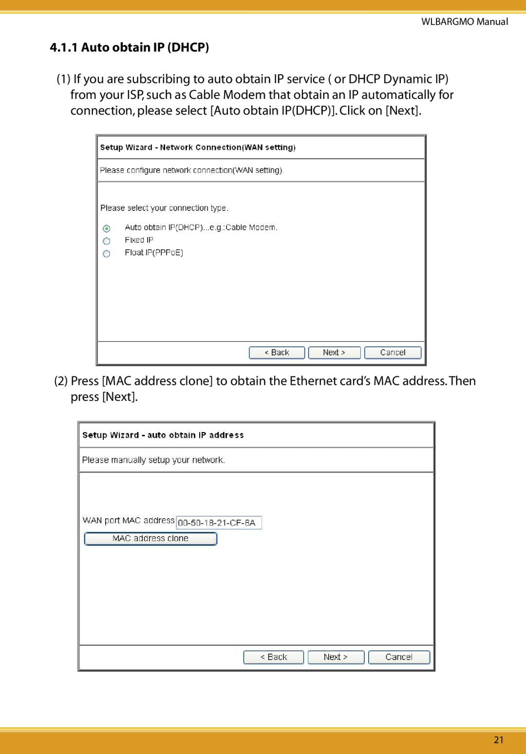 Corega CG-WLBARGMO user manual Auto obtain IP Dhcp 