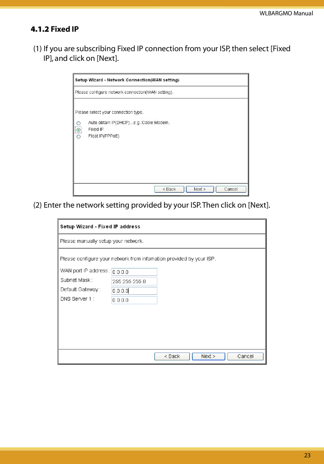 Corega CG-WLBARGMO user manual Fixed IP 