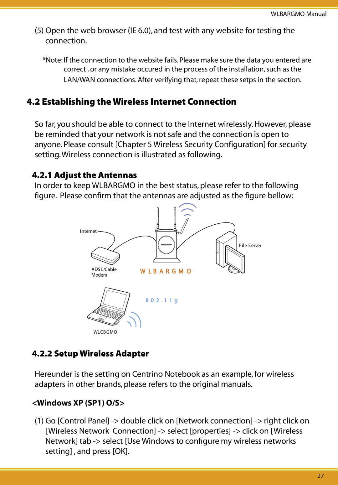 Corega CG-WLBARGMO user manual Establishing the Wireless Internet Connection, Adjust the Antennas, Setup Wireless Adapter 