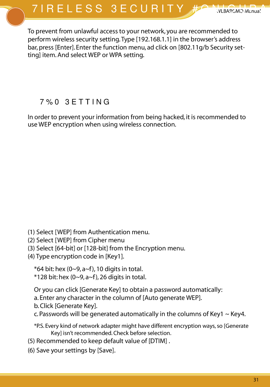 Corega CG-WLBARGMO user manual Wireless Security Conﬁguration, WEP Setting 