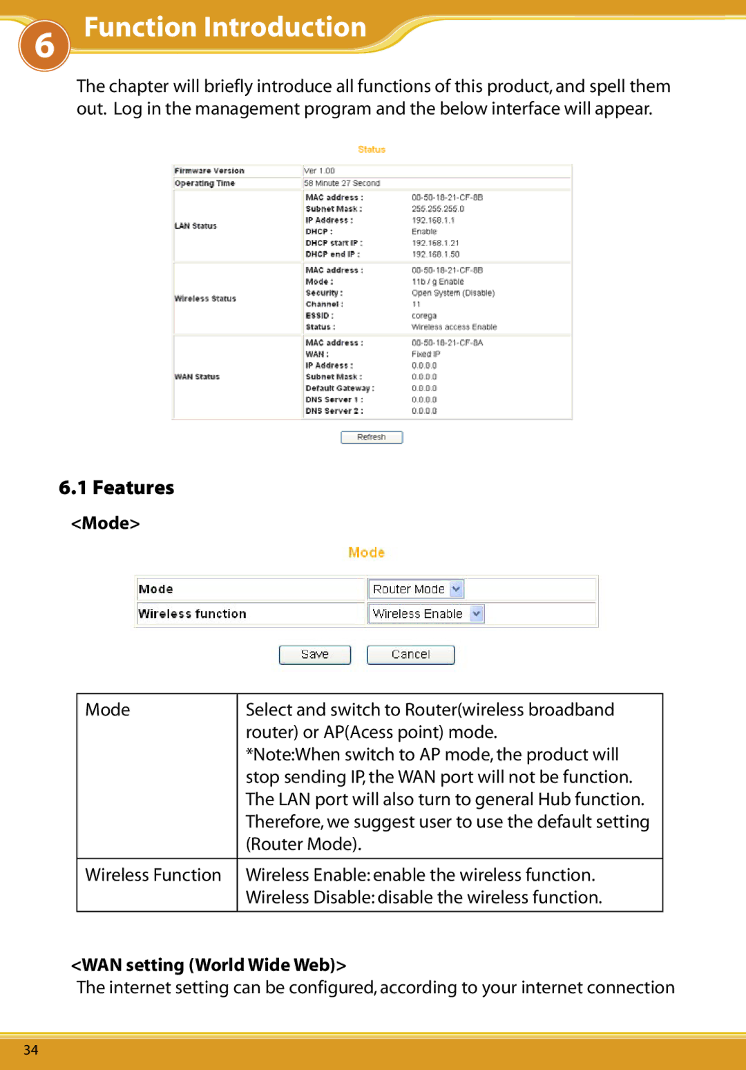 Corega CG-WLBARGMO user manual WLBARGMO6 FunctionMa ual Introduction, Features, Mode, WAN setting World Wide Web 