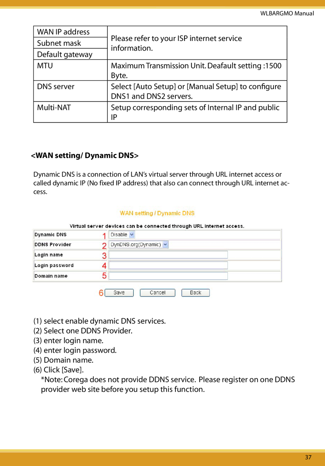 Corega CG-WLBARGMO user manual Mtu, WAN setting/ Dynamic DNS 