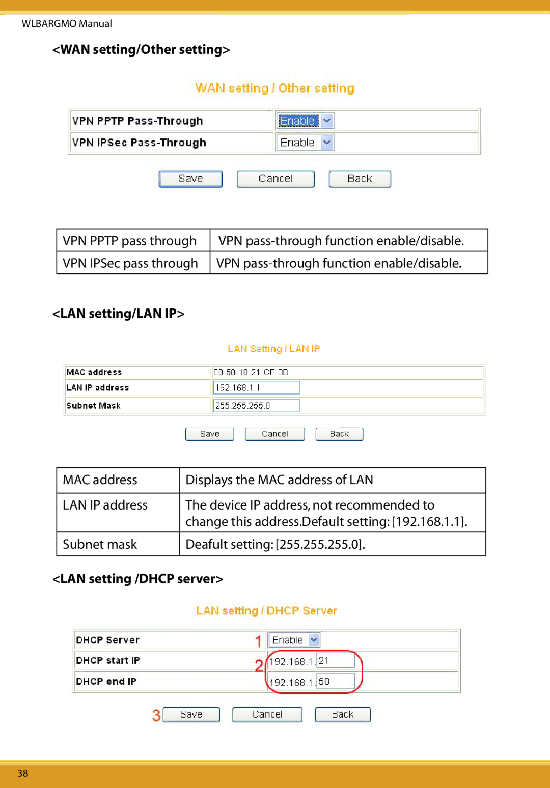 Corega CG-WLBARGMO user manual WAN setting/Other setting, LAN setting/LAN IP, LAN setting /DHCP server 