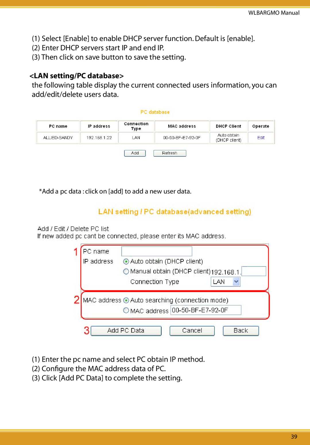 Corega CG-WLBARGMO user manual LAN setting/PC database 