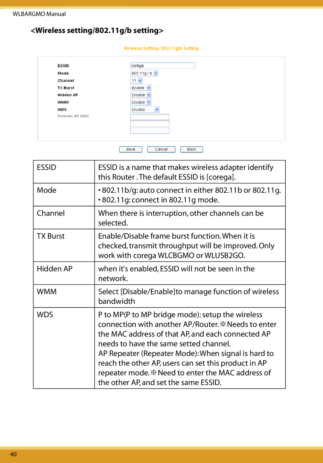 Corega CG-WLBARGMO user manual Wireless setting/802.11g/b setting, Essid 