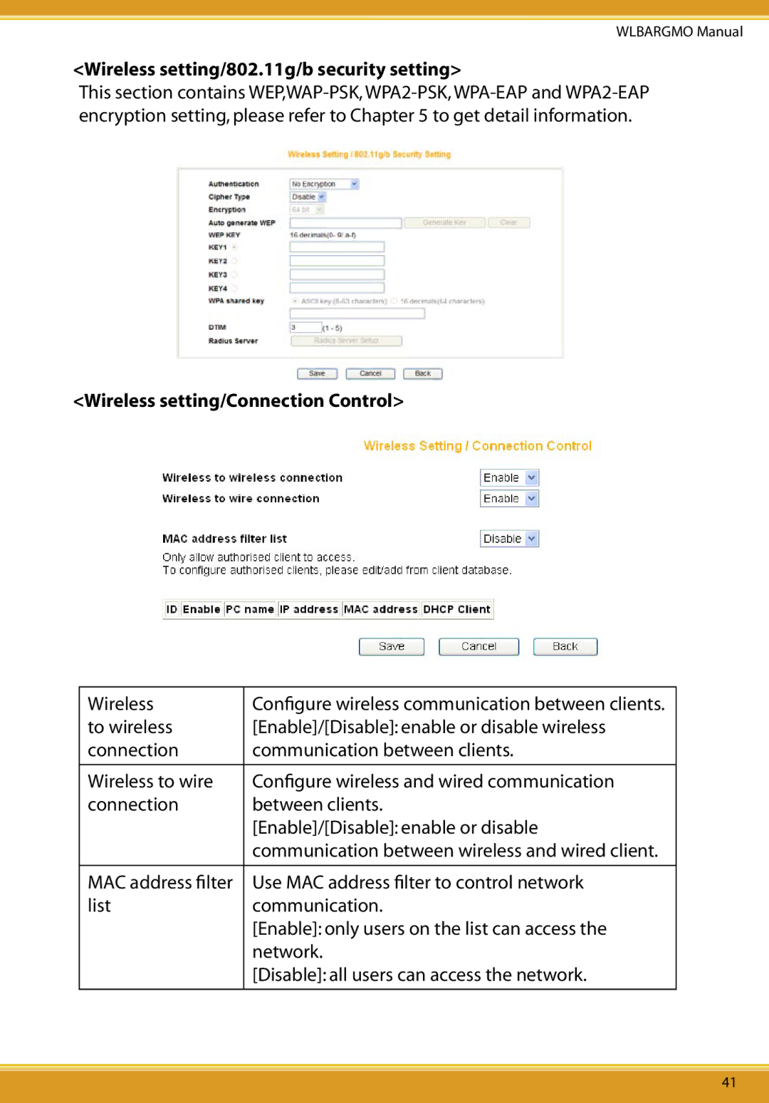 Corega CG-WLBARGMO user manual Wireless setting/802.11g/b security setting, Wireless setting/Connection Control 