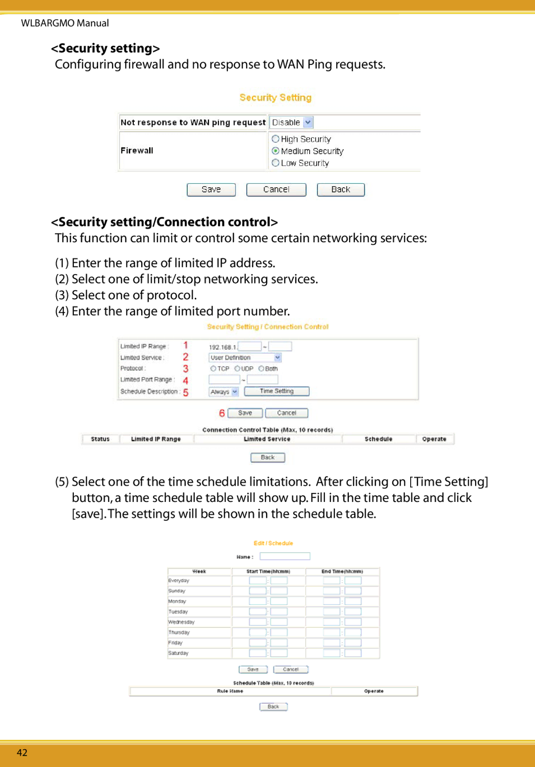 Corega CG-WLBARGMO user manual Security setting/Connection control 