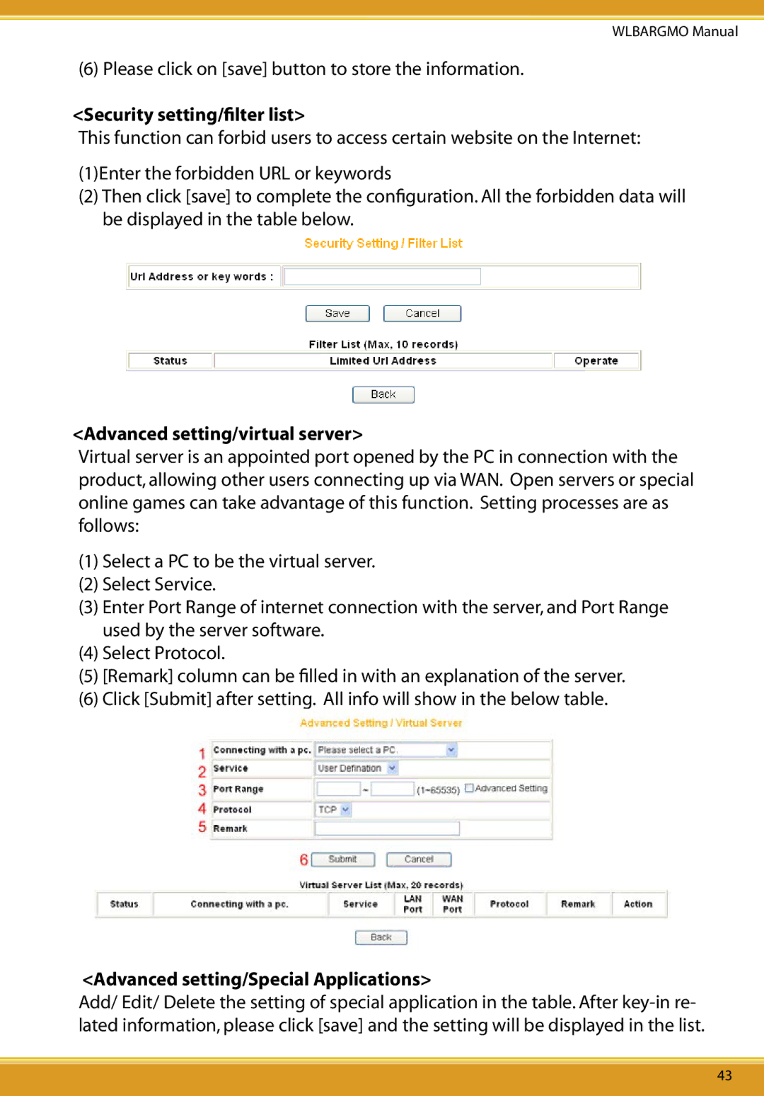 Corega CG-WLBARGMO Security setting/ﬁlter list, Advanced setting/virtual server, Advanced setting/Special Applications 