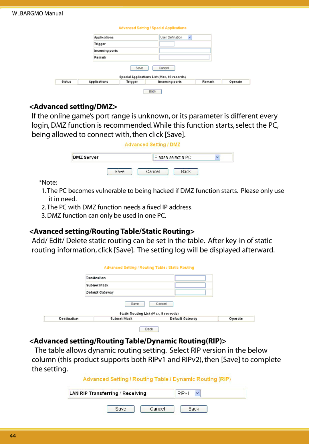 Corega CG-WLBARGMO user manual Advanced setting/DMZ, Avanced setting/Routing Table/Static Routing 