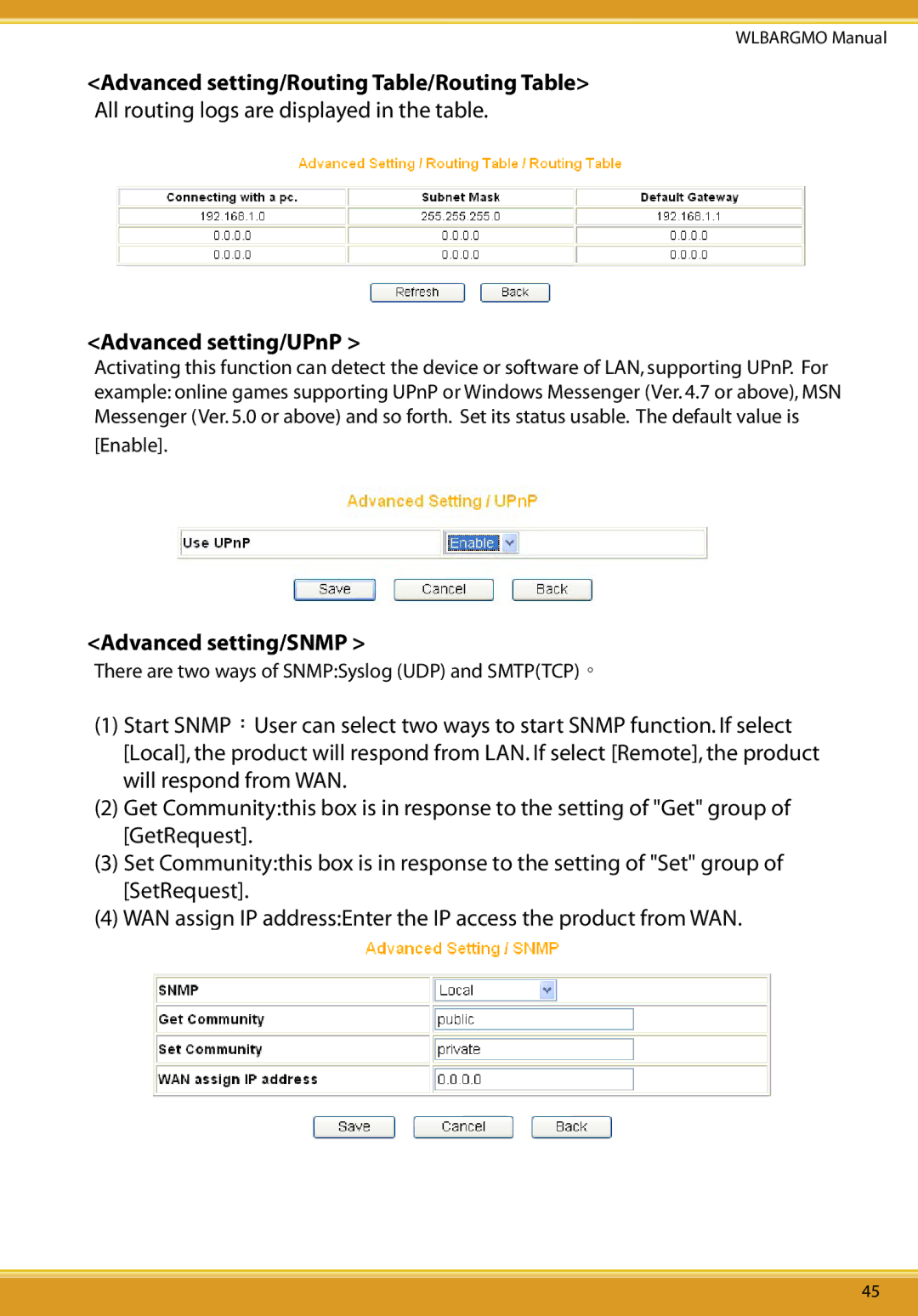 Corega CG-WLBARGMO user manual Advanced setting/Routing Table/Routing Table, Advanced setting/UPnP, Advanced setting/SNMP 