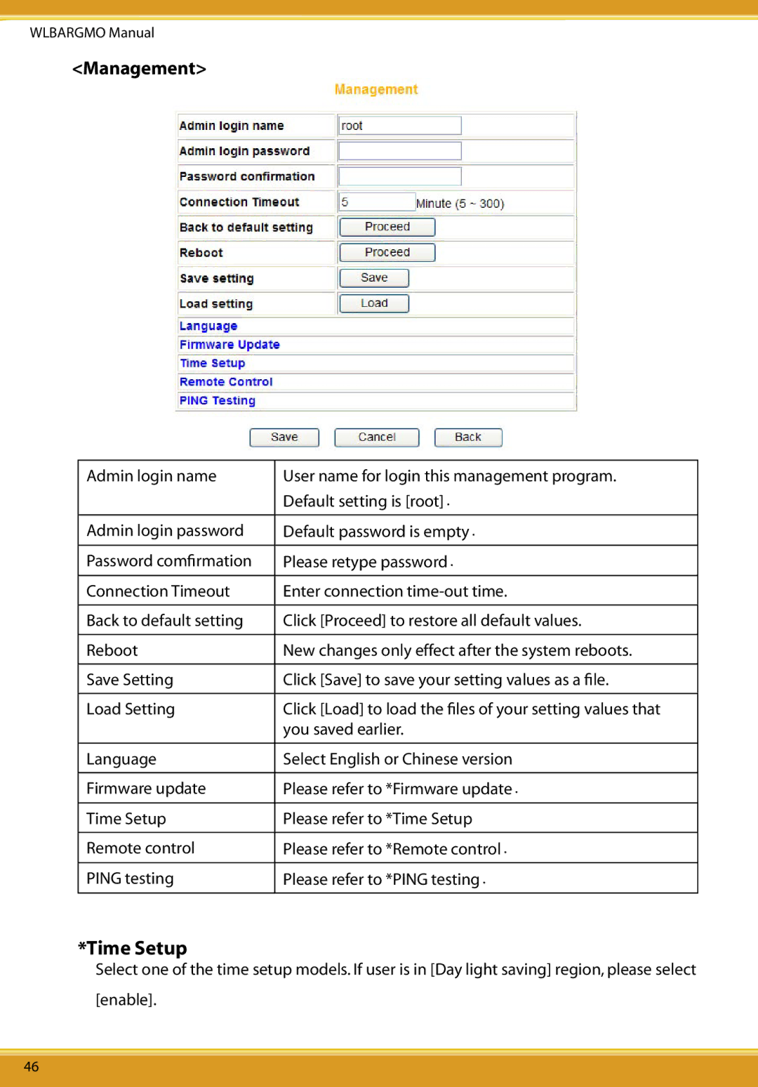 Corega CG-WLBARGMO user manual Time Setup, Management 