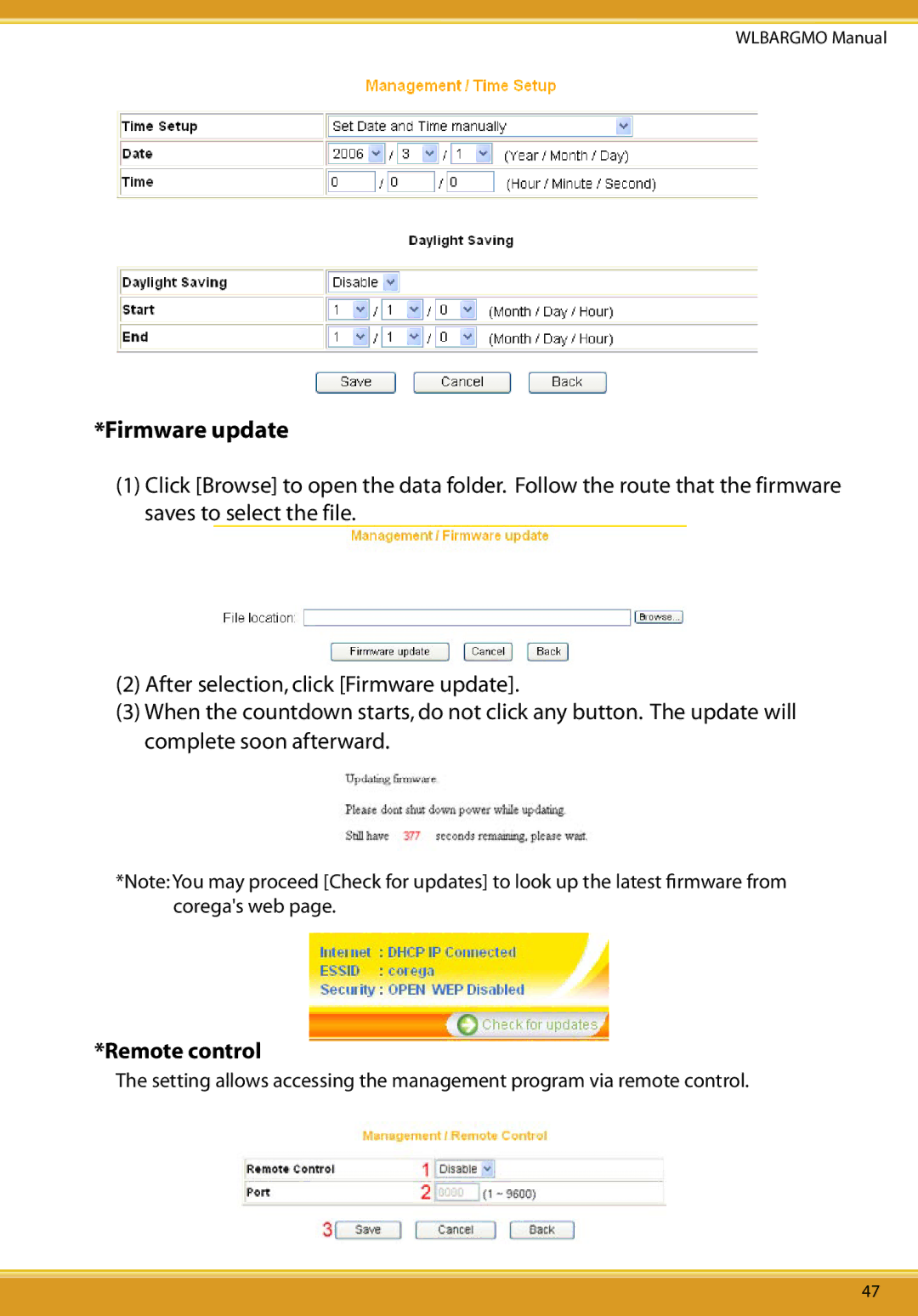 Corega CG-WLBARGMO user manual Firmware update, Remote control 