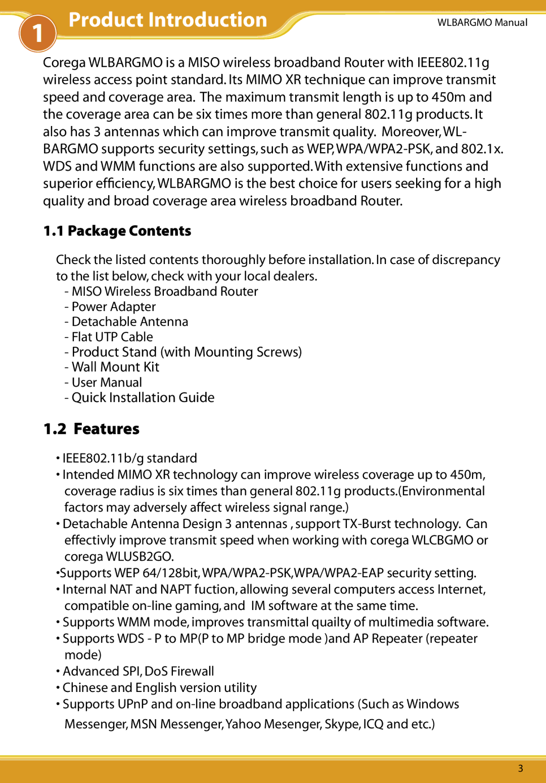 Corega CG-WLBARGMO user manual Product Introduction, Package Contents 