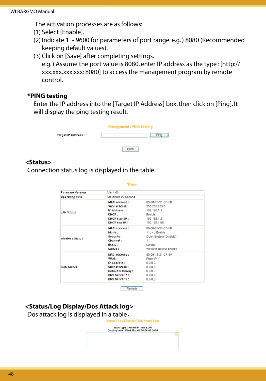 Corega CG-WLBARGMO user manual Ping testing, Status/Log Display/Dos Attack log 