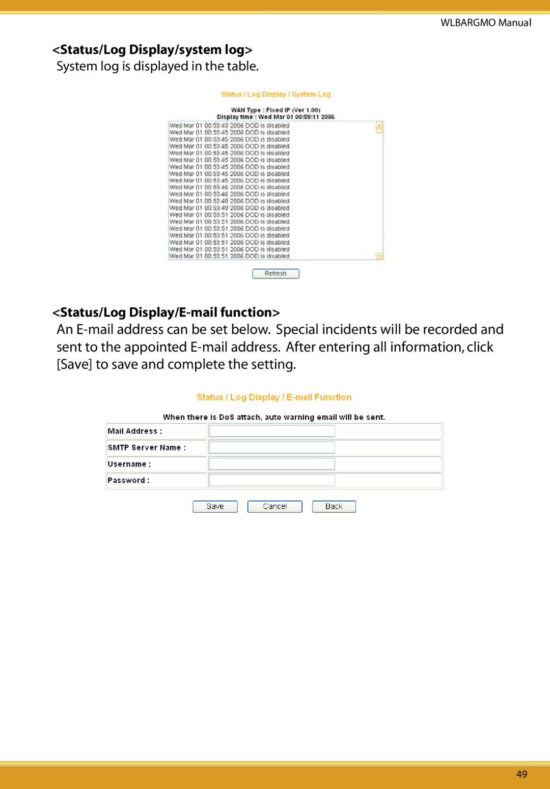 Corega CG-WLBARGMO user manual Status/Log Display/system log, Status/Log Display/E-mail function 