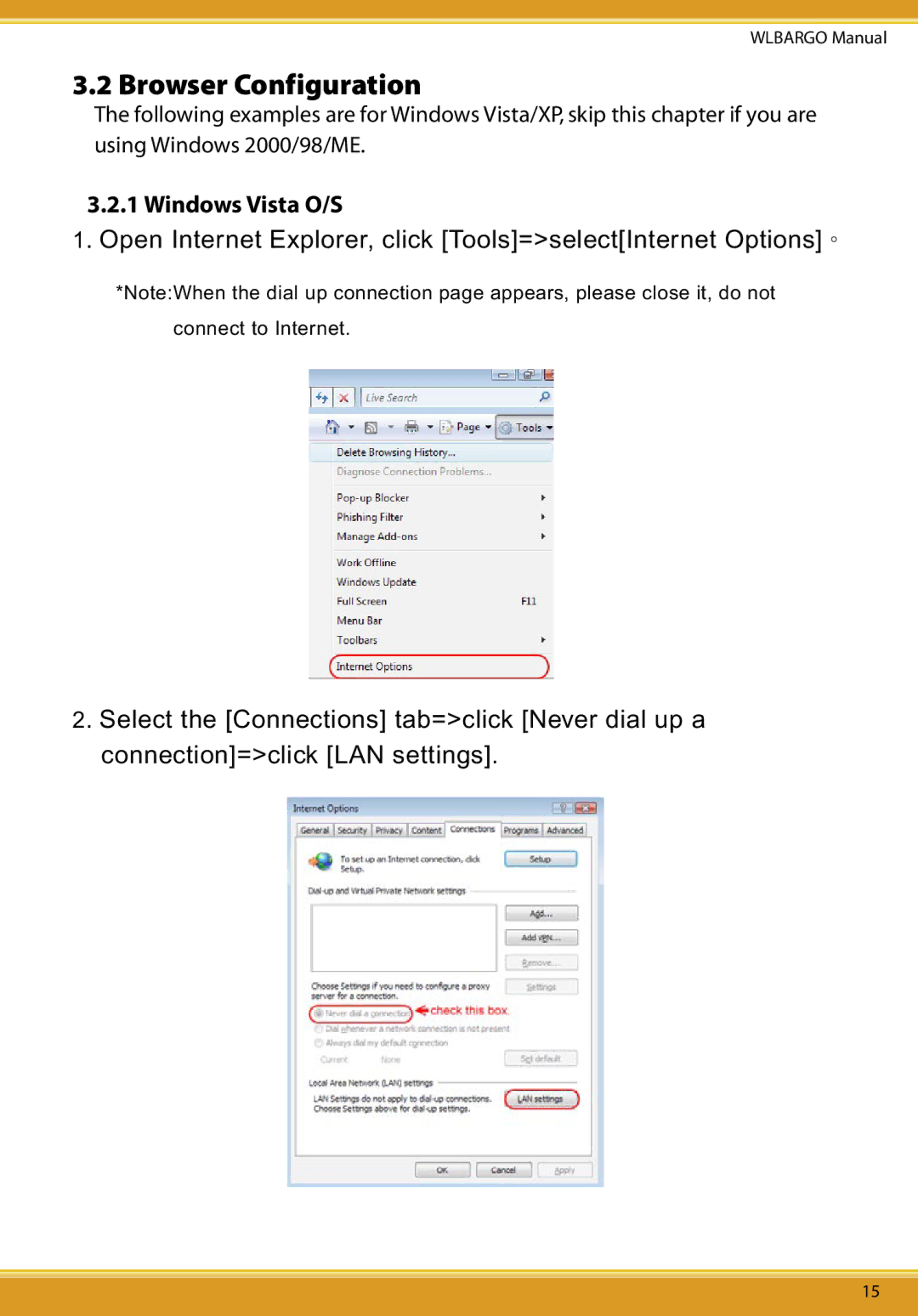 Corega CG-WLBARGO user manual Browser Configuration, Windows Vista O/S 