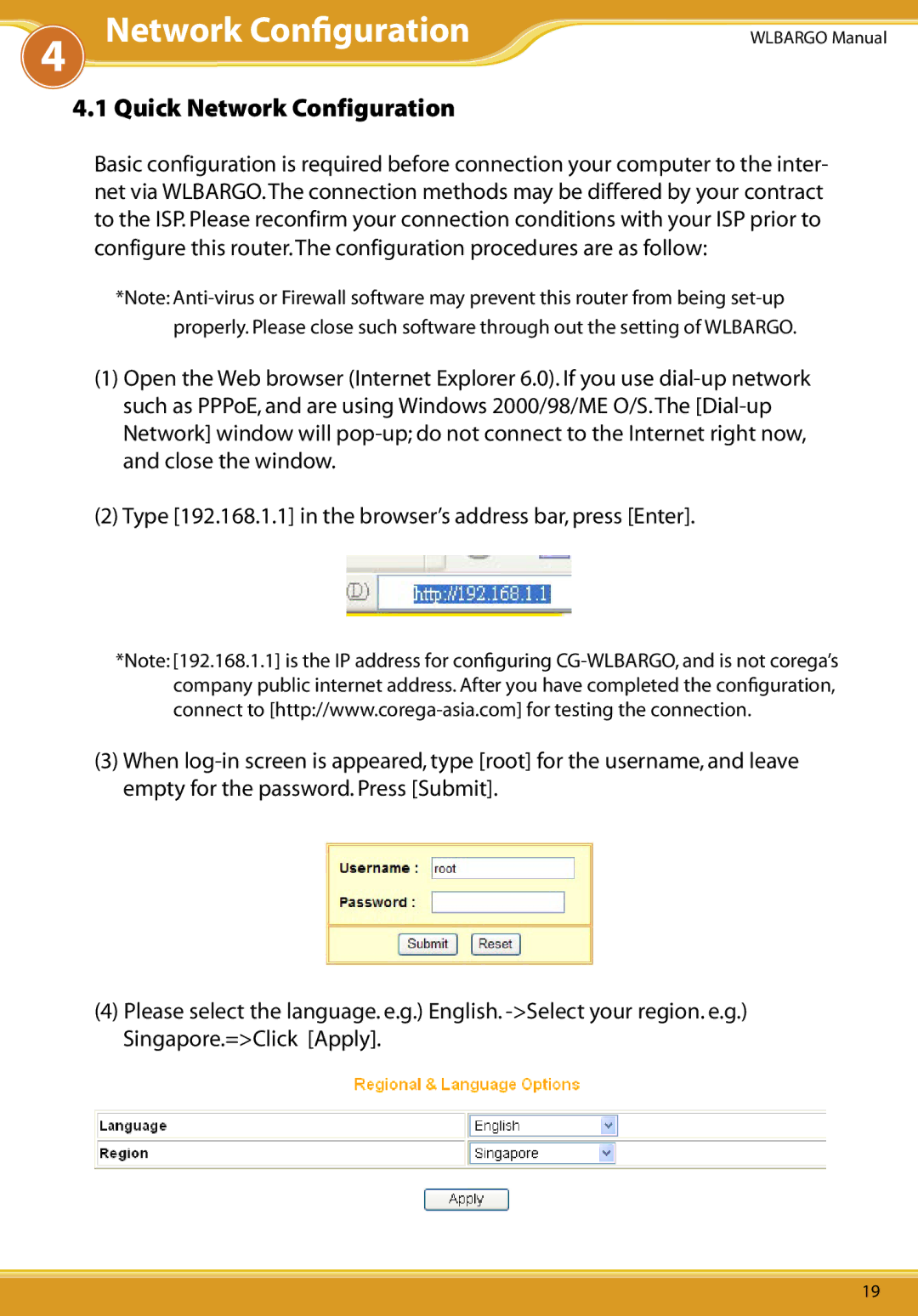 Corega CG-WLBARGO user manual Network Conﬁguration, Quick Network Configuration 