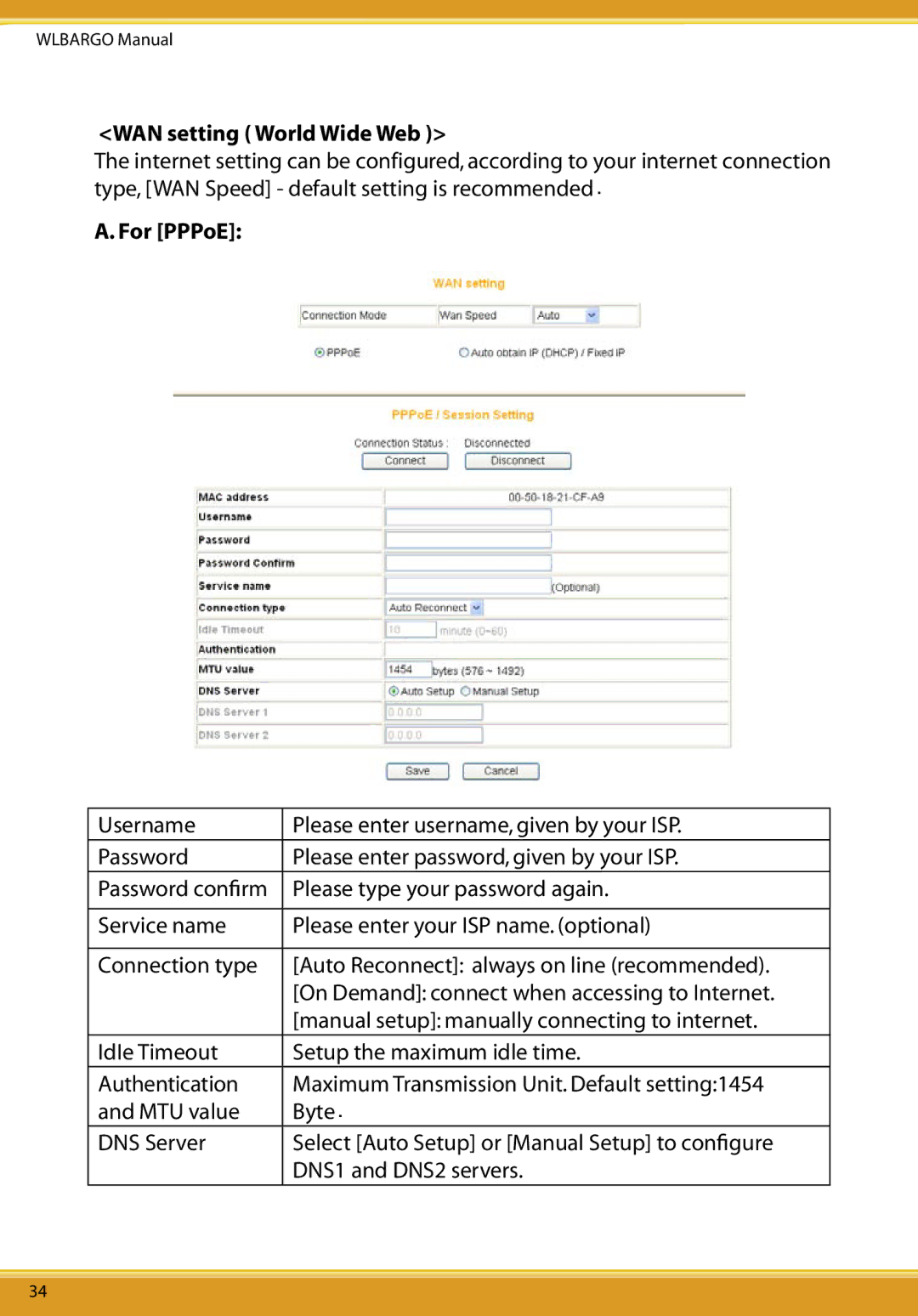 Corega CG-WLBARGO user manual WAN setting World Wide Web, For PPPoE 