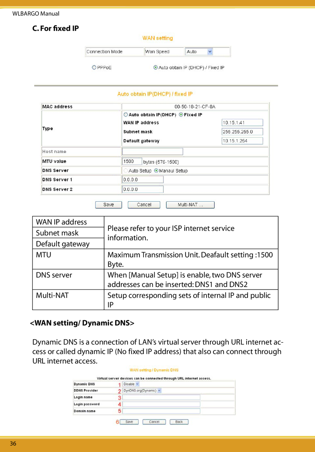 Corega CG-WLBARGO user manual For ﬁxed IP, WAN setting/ Dynamic DNS 