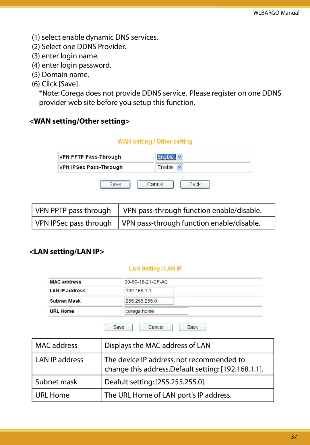 Corega CG-WLBARGO user manual WAN setting/Other setting, LAN setting/LAN IP 