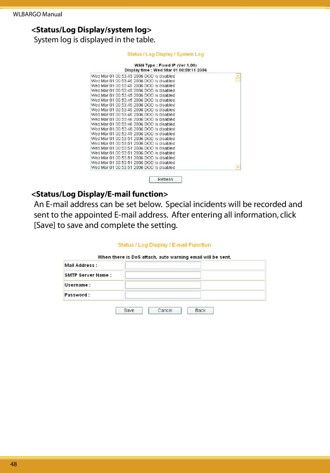 Corega CG-WLBARGO user manual Status/Log Display/system log, Status/Log Display/E-mail function 