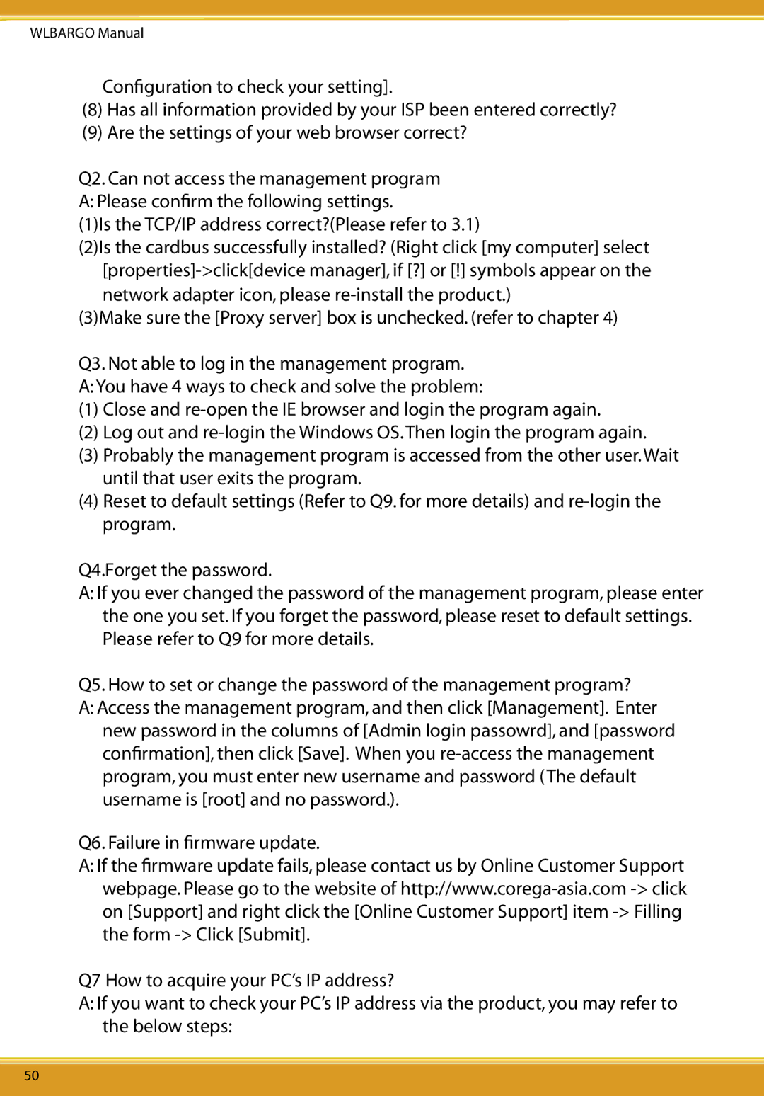 Corega CG-WLBARGO user manual 1Is the TCP/IP address correct?Please refer to 