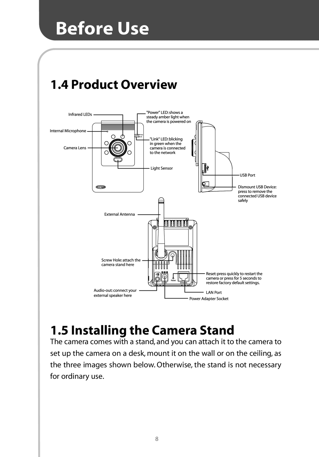 Corega CG-WLNCM4G manual Product Overview Installing the Camera Stand 