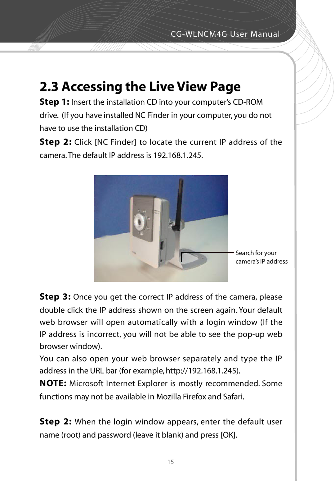 Corega CG-WLNCM4G manual Accessing the Live View 