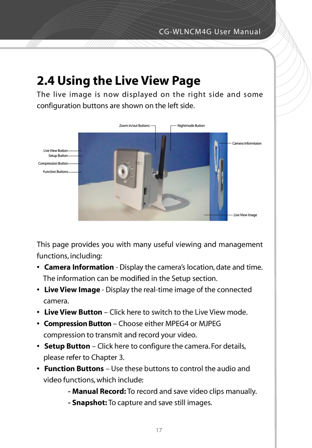 Corega CG-WLNCM4G manual Using the Live View 